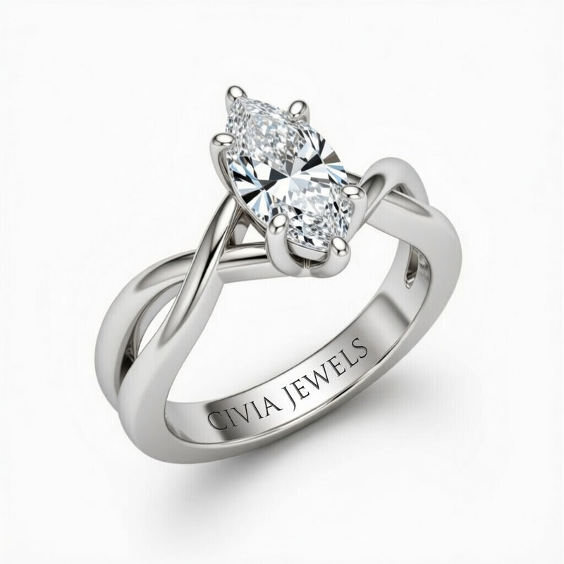 Silver Marquise Diamond Solitaire Engagement Ring With Interwoven Twist Shank