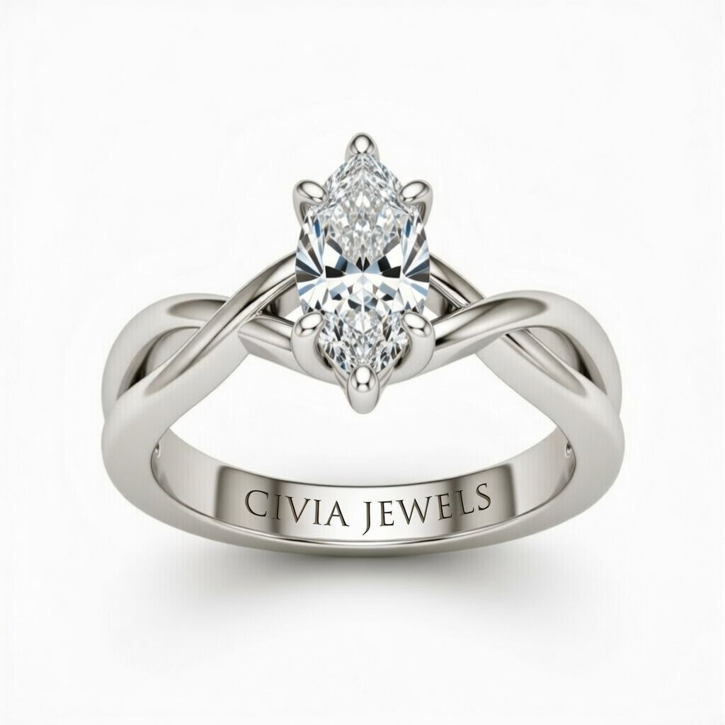 White Gold Marquise Diamond Solitaire Engagement Ring With Interwoven Twist Shank