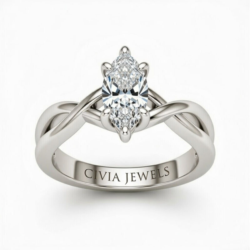Silver Marquise Diamond Solitaire Engagement Ring With Interwoven Twist Shank