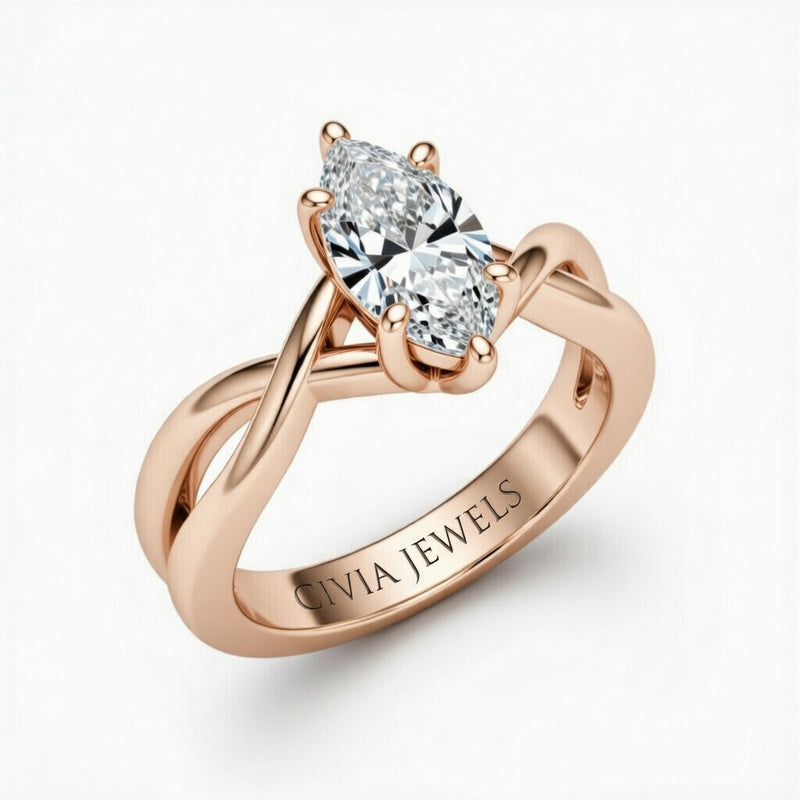 Rose Gold Marquise Diamond Solitaire Engagement Ring With Interwoven Twist Shank