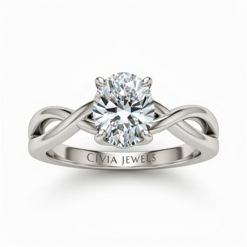 Silver Oval Diamond Solitaire Engagement Ring With Interwoven Twist Shank