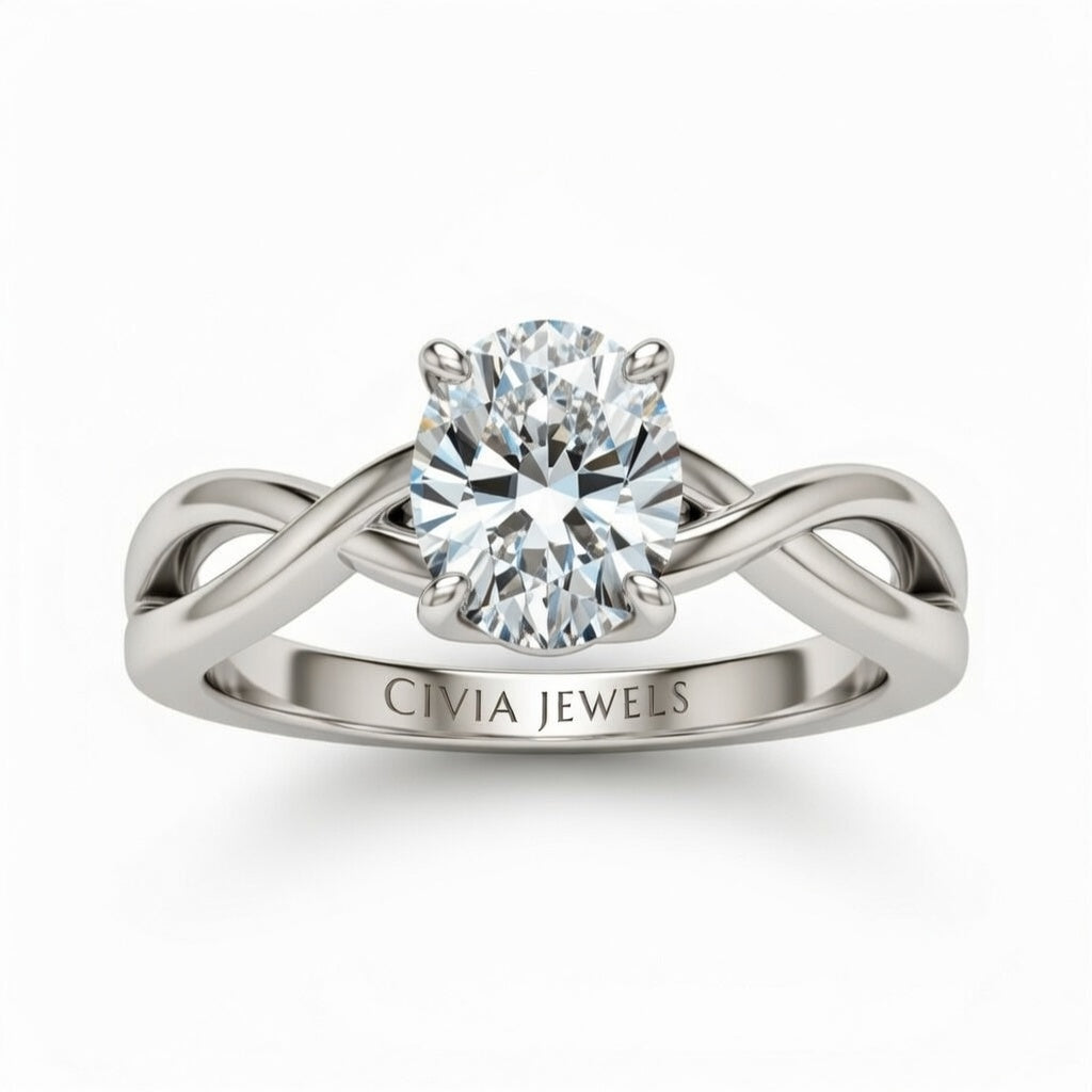 Silver Oval Diamond Solitaire Engagement Ring With Interwoven Twist Shank