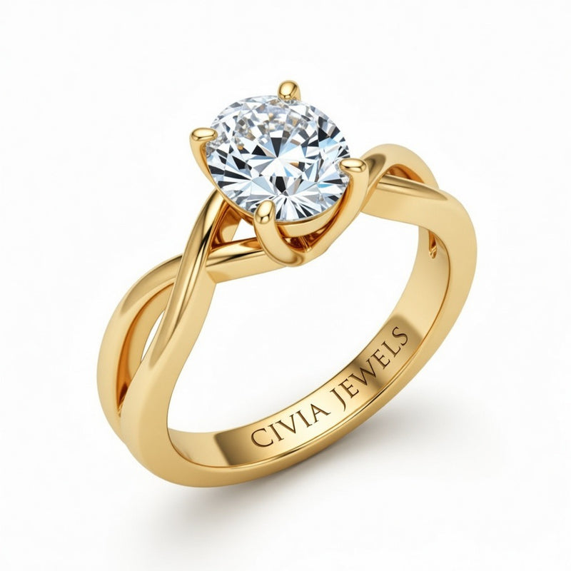 Yellow Gold Oval Diamond Solitaire Engagement Ring With Interwoven Twist Shank