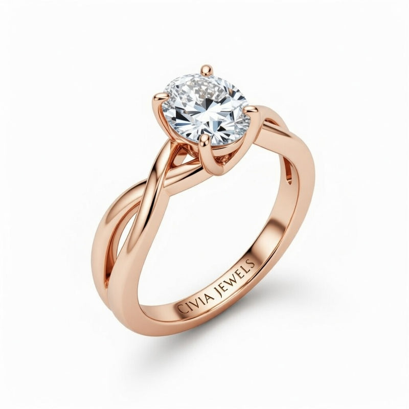 Rose Gold Oval Diamond Solitaire Engagement Ring With Interwoven Twist Shank
