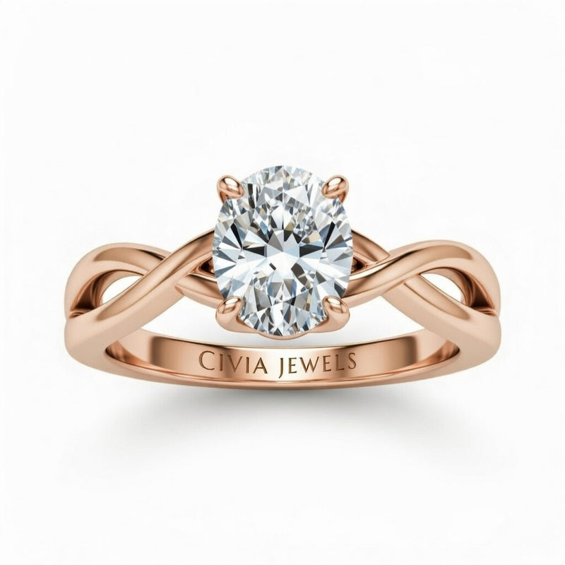 Rose Gold Oval Diamond Solitaire Engagement Ring With Interwoven Twist Shank