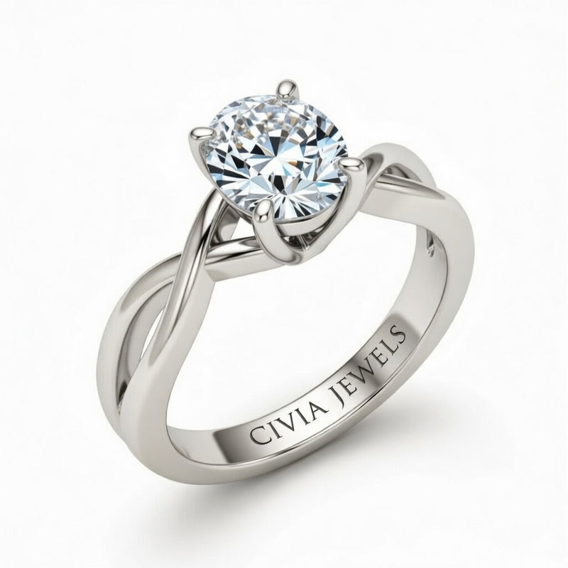 Silver Oval Diamond Solitaire Engagement Ring With Interwoven Twist Shank