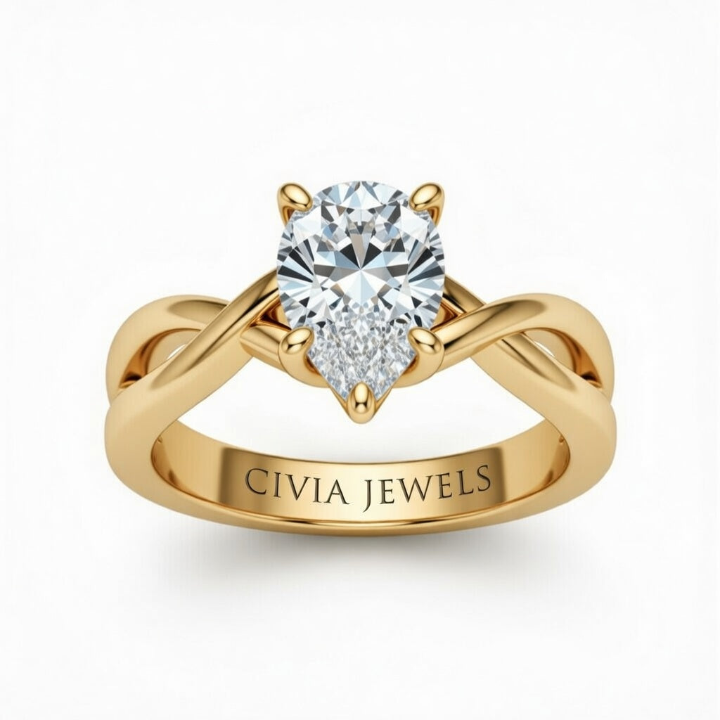 Yellow Gold Pear Diamond Solitaire Engagement Ring With Interwoven Twist Shank
