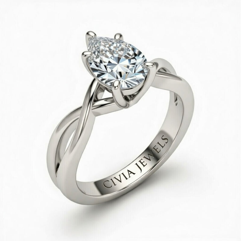 Silver Pear Diamond Solitaire Engagement Ring With Interwoven Twist Shank