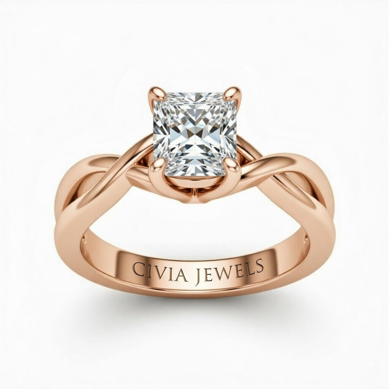 Rose Gold Princess Diamond Solitaire Engagement Ring With Interwoven Twist Shank