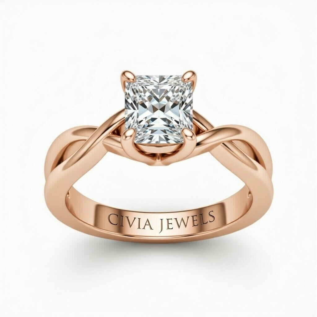 Rose Gold Princess Diamond Solitaire Engagement Ring With Interwoven Twist Shank