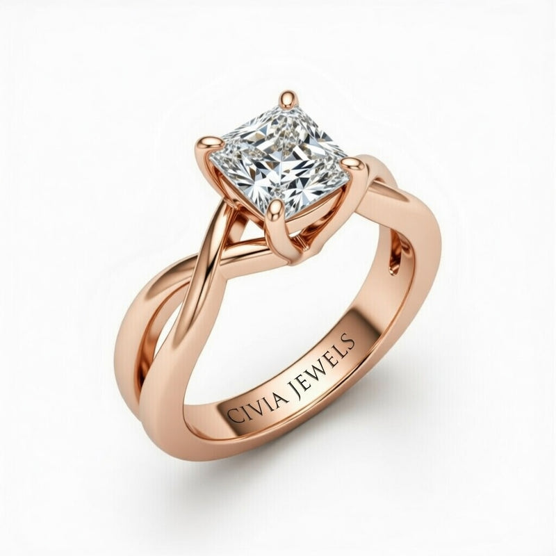 Rose Gold Princess Diamond Solitaire Engagement Ring With Interwoven Twist Shank