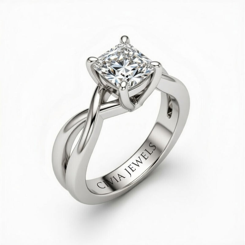 White Gold Princess Diamond Solitaire Engagement Ring With Interwoven Twist Shank