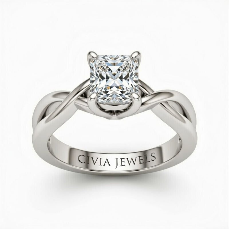 White Gold Princess Diamond Solitaire Engagement Ring With Interwoven Twist Shank