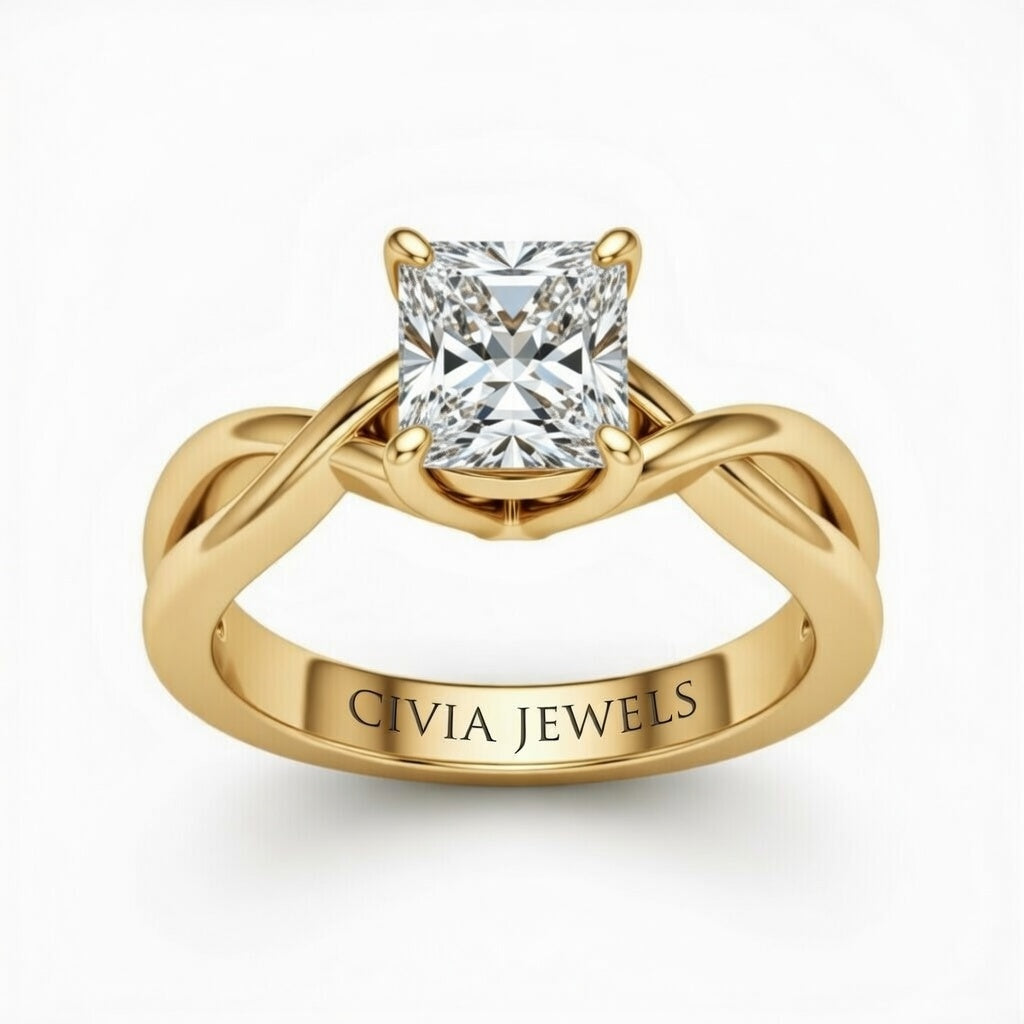 Yellow Gold Princess Diamond Solitaire Engagement Ring With Interwoven Twist Shank
