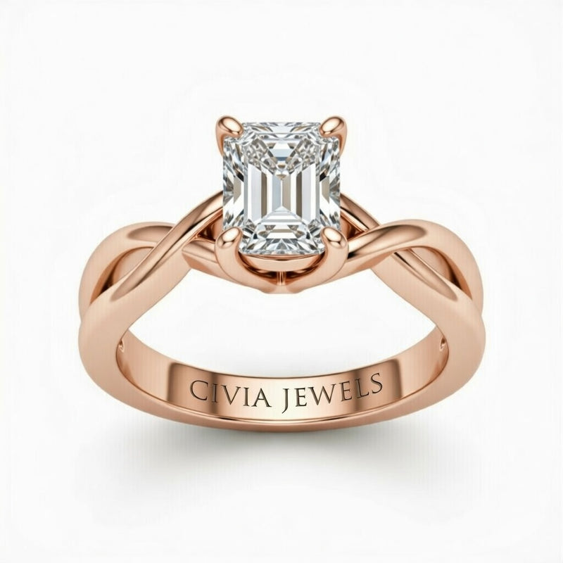 Rose Gold Radiant Diamond Solitaire Engagement Ring With Interwoven Twist Shank