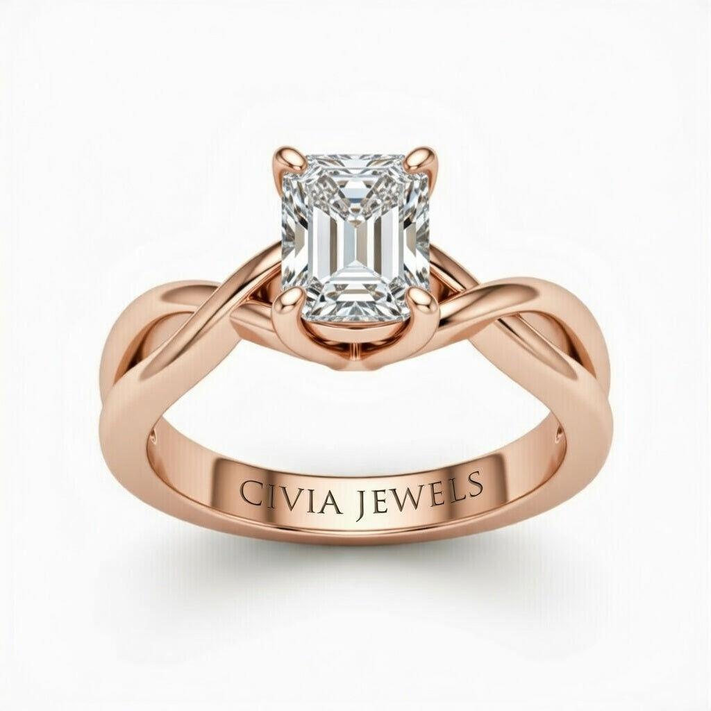 Rose Gold Radiant Diamond Solitaire Engagement Ring With Interwoven Twist Shank
