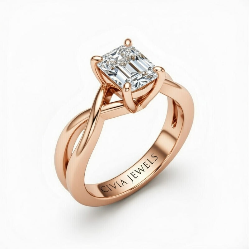 Rose Gold Radiant Diamond Solitaire Engagement Ring With Interwoven Twist Shank