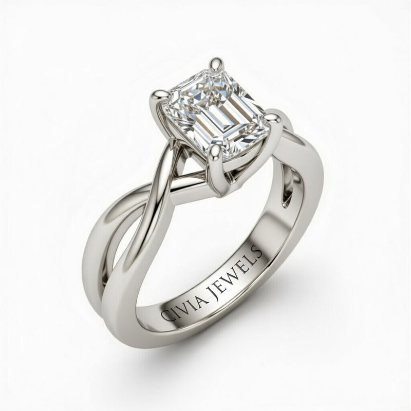 Silver Radiant Diamond Solitaire Engagement Ring With Interwoven Twist Shank
