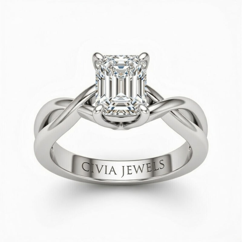 White Gold Radiant Diamond Solitaire Engagement Ring With Interwoven Twist Shank