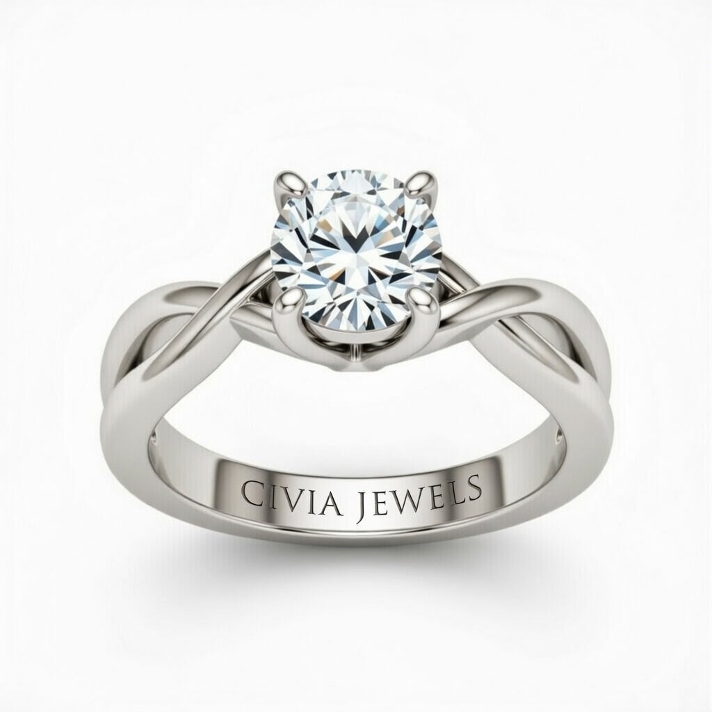 White Gold Round Diamond Solitaire Engagement Ring With Interwoven Twist Shank