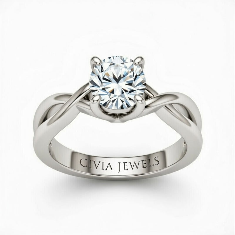 Silver Round Diamond Solitaire Engagement Ring With Interwoven Twist Shank