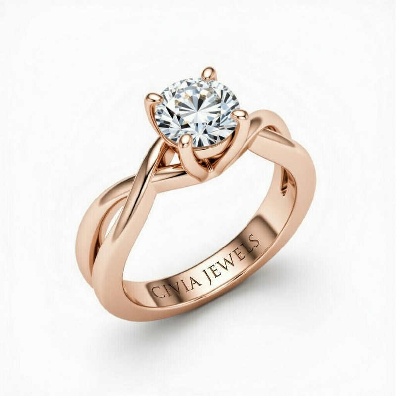 Rose Gold Round Diamond Solitaire Engagement Ring With Interwoven Twist Shank