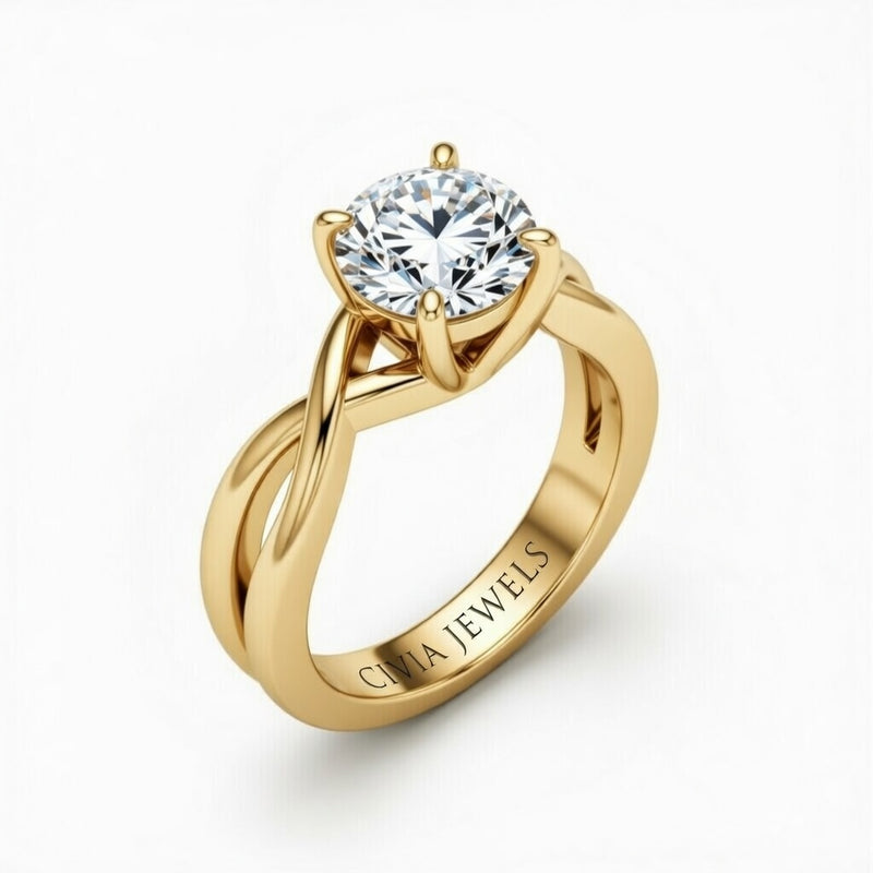 Yellow Gold Round Diamond Solitaire Engagement Ring With Interwoven Twist Shank