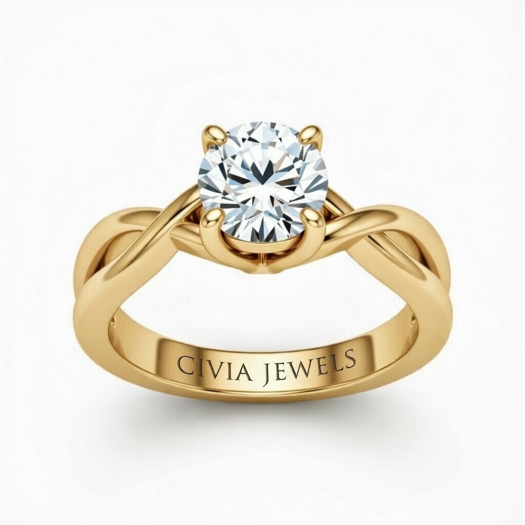 Yellow Gold Round Diamond Solitaire Engagement Ring With Interwoven Twist Shank