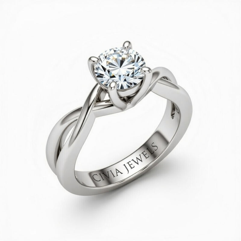 Silver Round Diamond Solitaire Engagement Ring With Interwoven Twist Shank