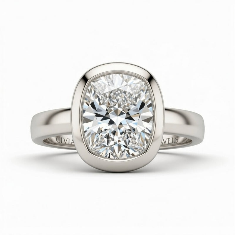 Silver Cushion Cut Bezel Set Solitaire Engagement Ring