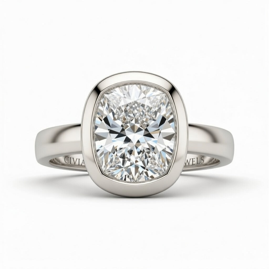 Silver Cushion Cut Bezel Set Solitaire Engagement Ring