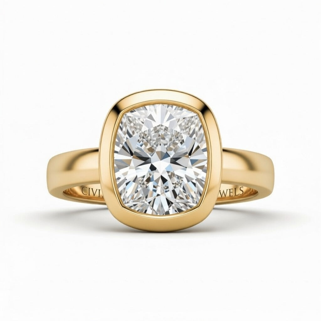 Yellow Gold Cushion Cut Bezel Set Solitaire Engagement Ring
