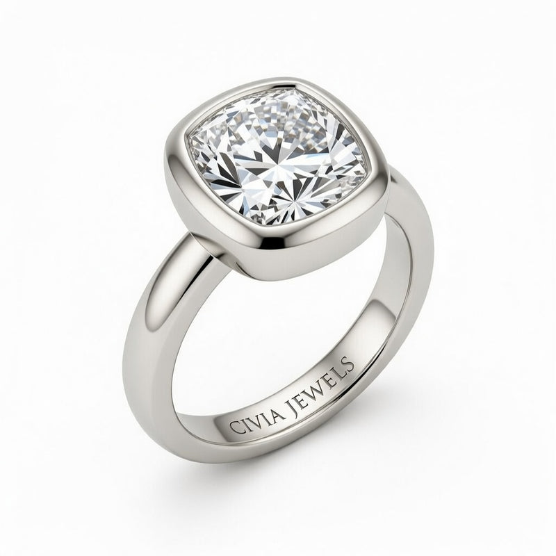 White Gold Cushion Cut Bezel Set Solitaire Engagement Ring