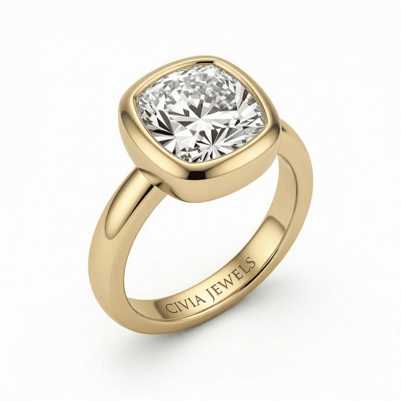 Yellow Gold Cushion Cut Bezel Set Solitaire Engagement Ring