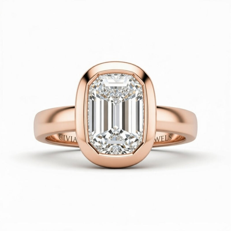 Rose Gold Emerald Cut Bezel Set Solitaire Engagement Ring