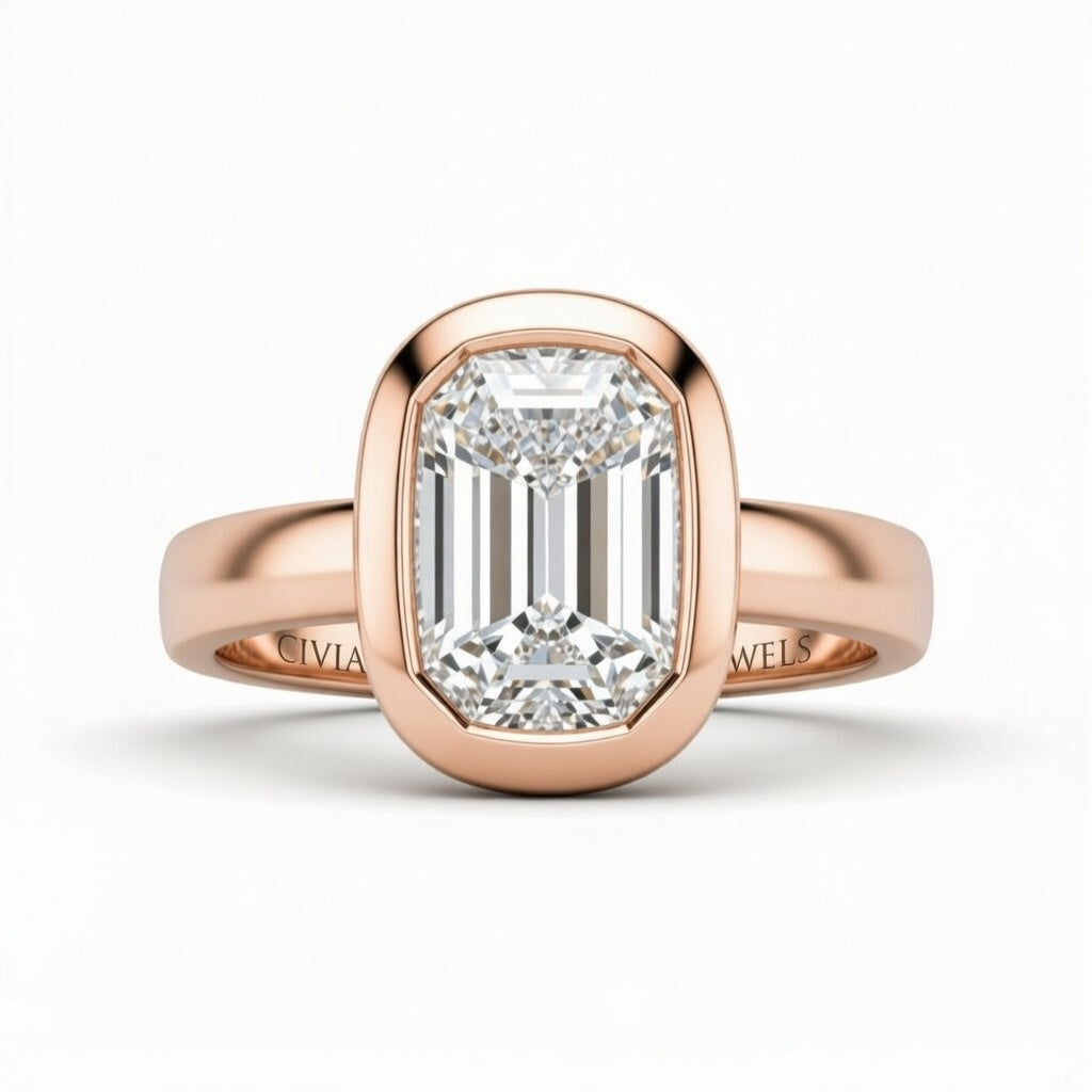 Rose Gold Emerald Cut Bezel Set Solitaire Engagement Ring