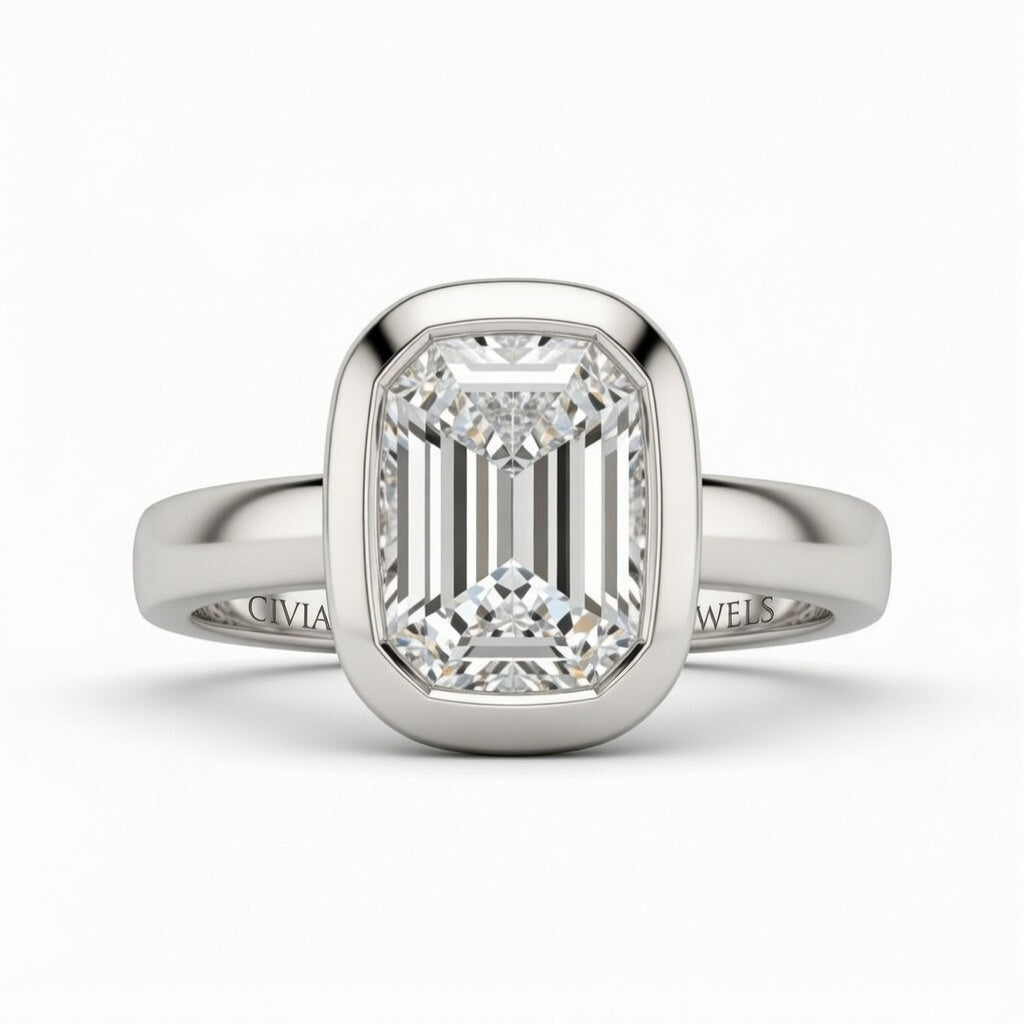 White Gold Emerald Cut Bezel Set Solitaire Engagement Ring