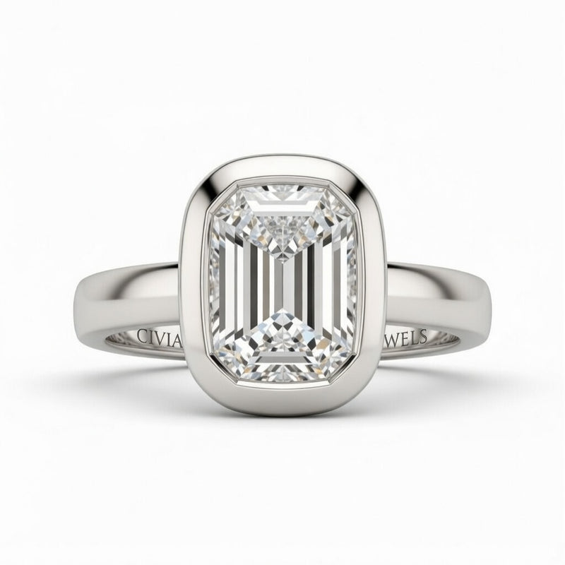 Silver Emerald Cut Bezel Set Solitaire Engagement Ring