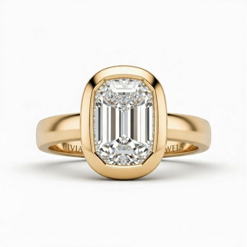 Yellow Gold Emerald Cut Bezel Set Solitaire Engagement Ring