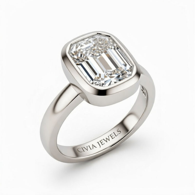 Silver Emerald Cut Bezel Set Solitaire Engagement Ring