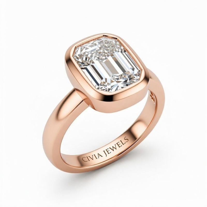 Rose Gold Emerald Cut Bezel Set Solitaire Engagement Ring