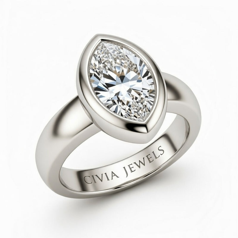 Silver Marquise Cut Bezel Set Solitaire Engagement Ring