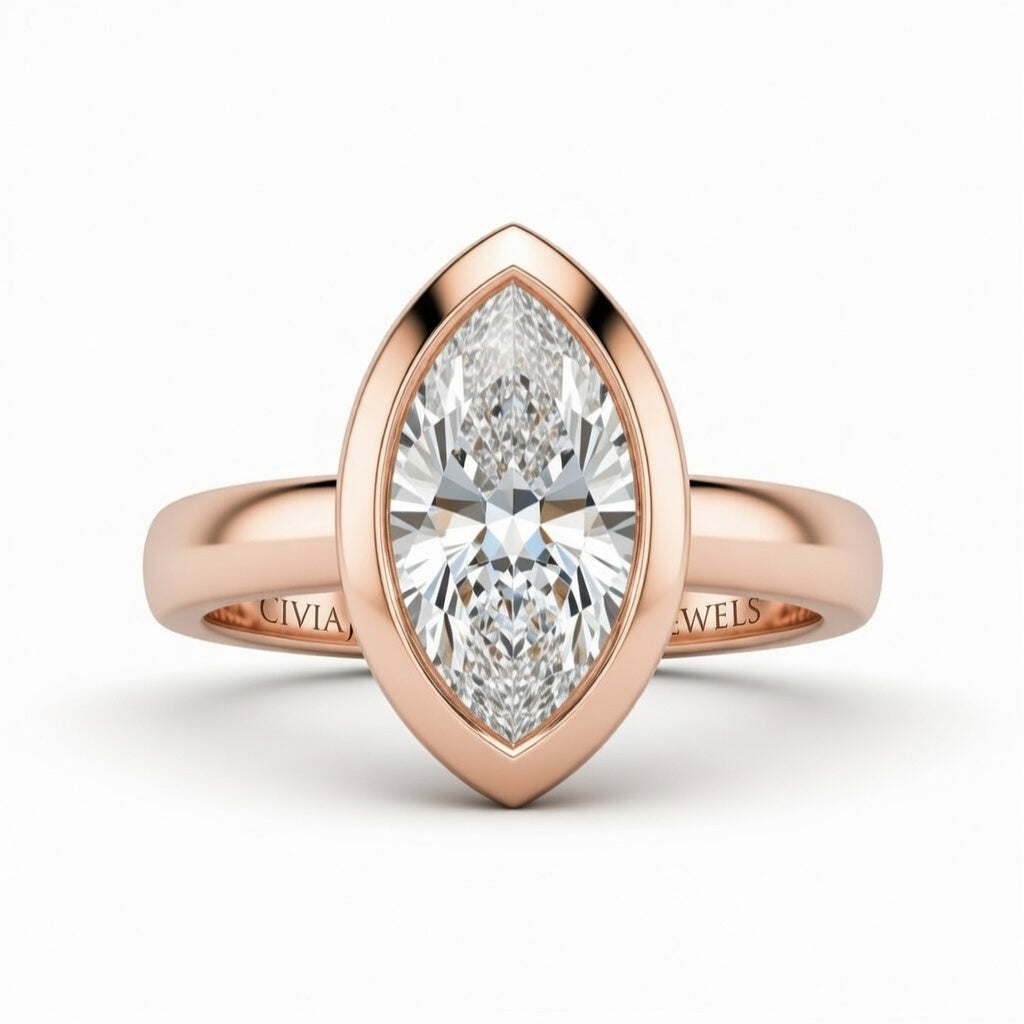 Rose Gold Marquise Cut Bezel Set Solitaire Engagement Ring