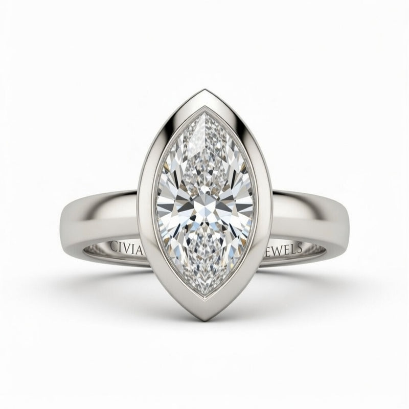 Silver Marquise Cut Bezel Set Solitaire Engagement Ring