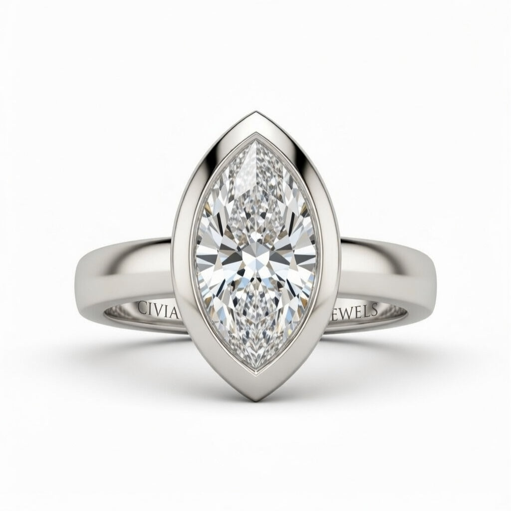 Silver Marquise Cut Bezel Set Solitaire Engagement Ring
