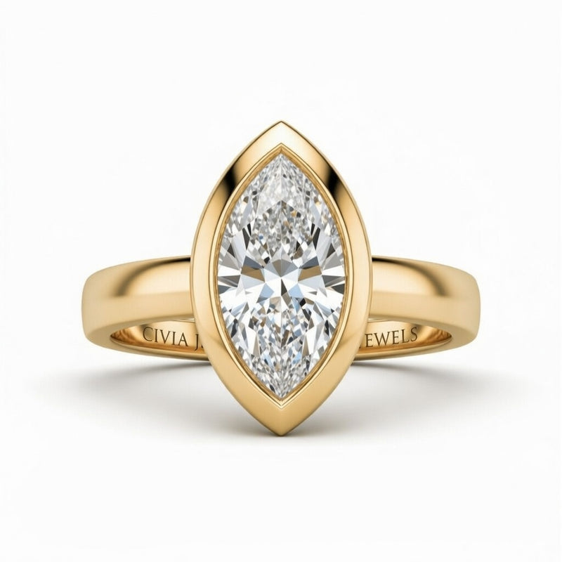 Yellow Gold Marquise Cut Bezel Set Solitaire Engagement Ring
