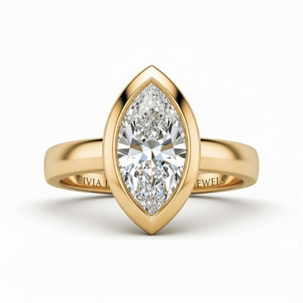 Yellow Gold Marquise Cut Bezel Set Solitaire Engagement Ring