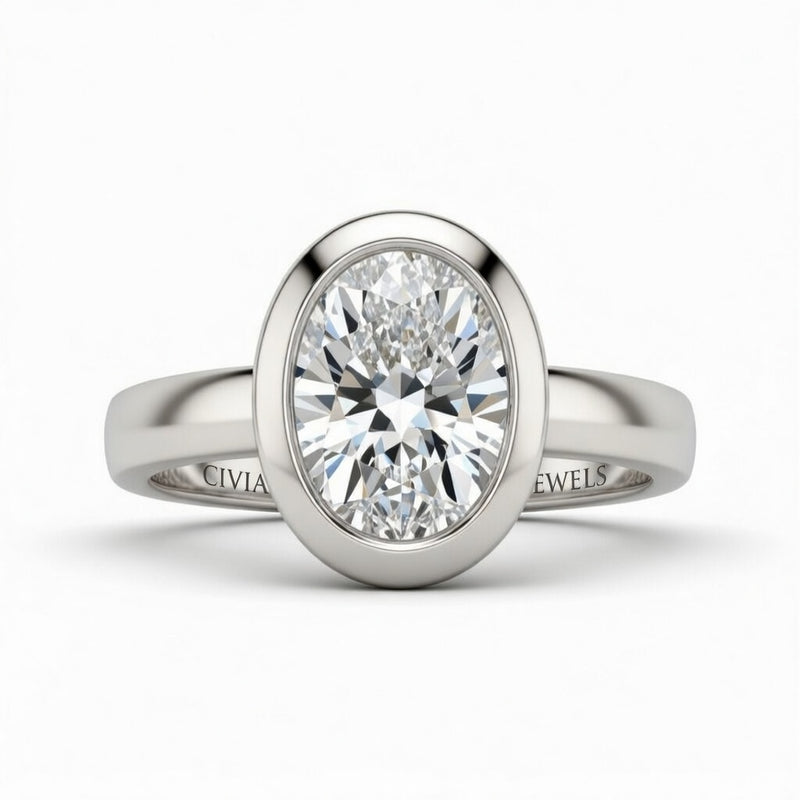 Silver Oval Cut Bezel Set Solitaire Engagement Ring