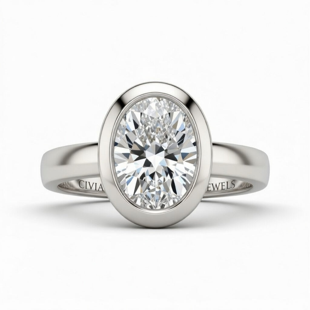 Silver Oval Cut Bezel Set Solitaire Engagement Ring