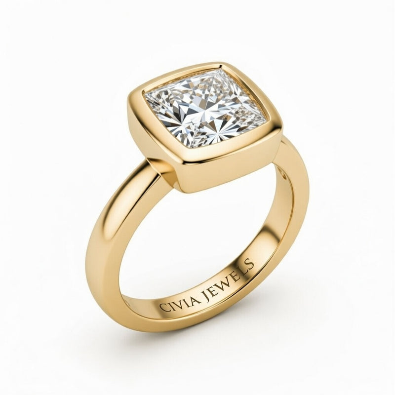 Yellow Gold Princess Cut Bezel Set Solitaire Engagement Ring